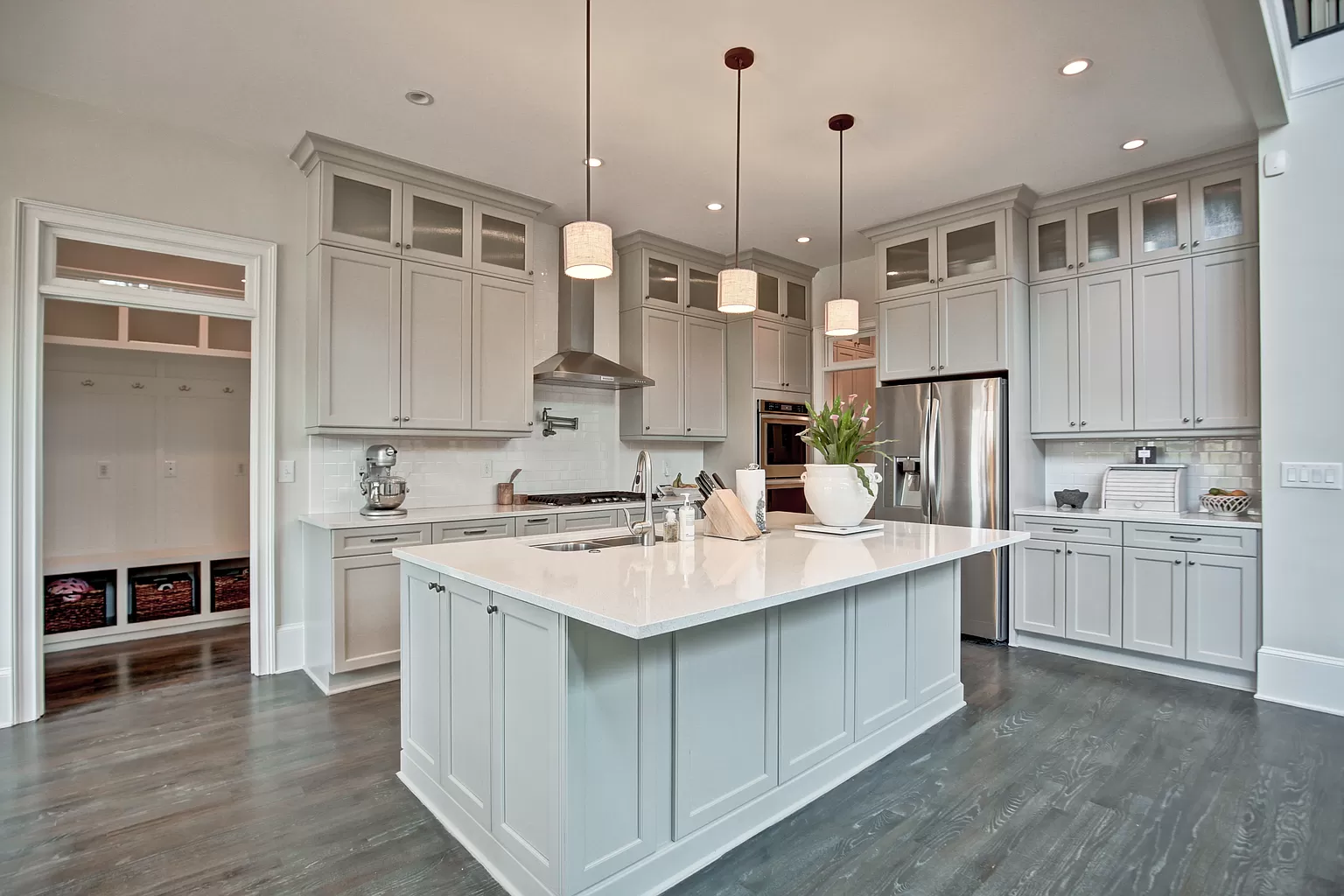 Modern kitchen with island and pendant lighting