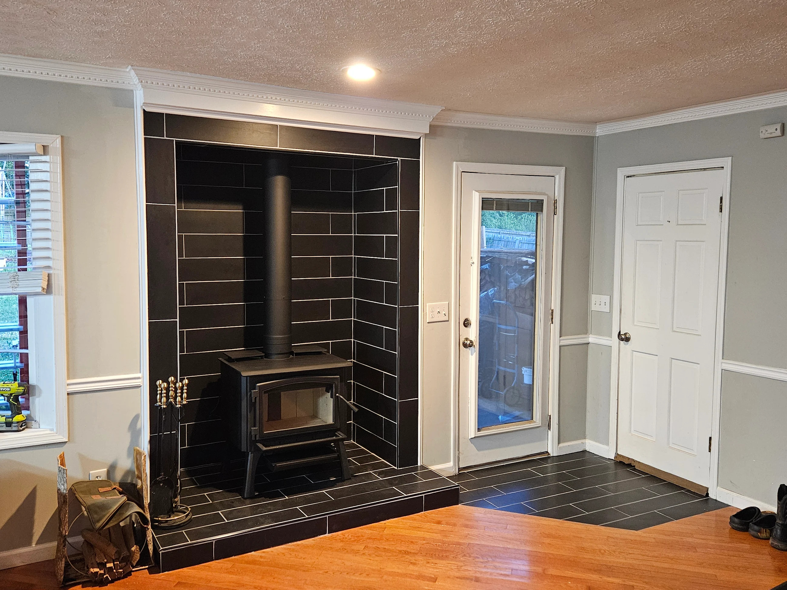 Custom tile fireplace surround and built-in renovation